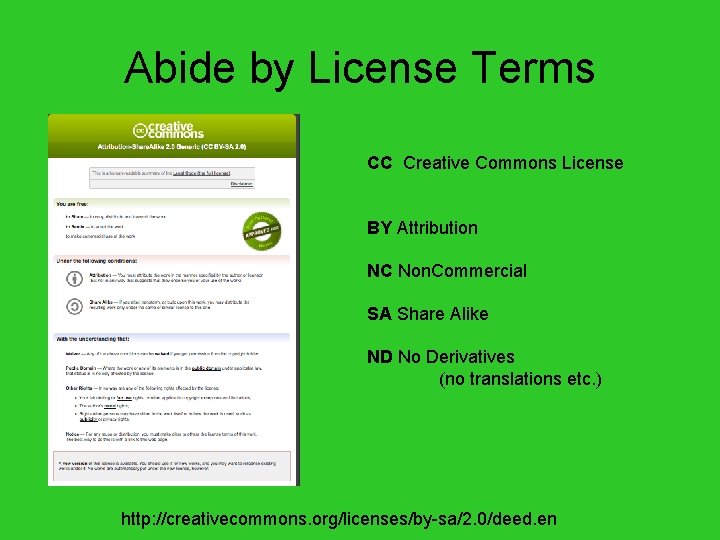 Abide by License Terms CC Creative Commons License BY Attribution NC Non. Commercial SA