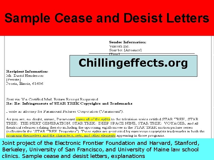 Sample Cease and Desist Letters Chillingeffects. org Joint project of the Electronic Frontier Foundation
