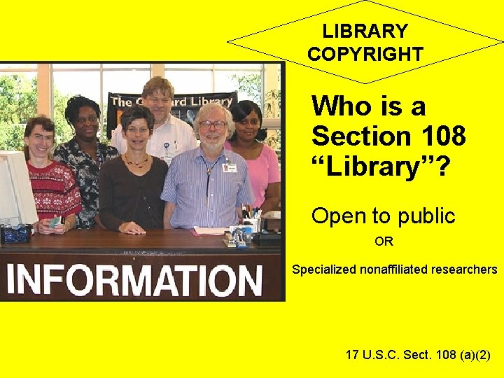 LIBRARY COPYRIGHT Who is a Section 108 “Library”? Open to public OR Specialized nonaffiliated