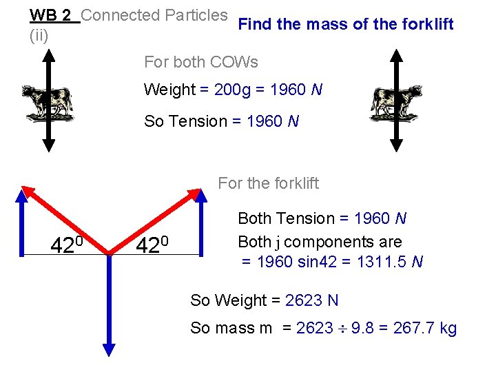 WB 2 Connected Particles Find the mass of the forklift (ii) For both COWs