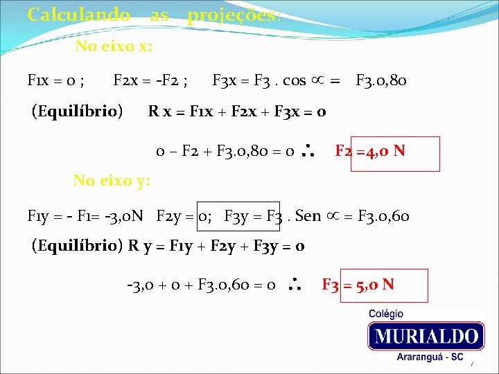 Calculando as projeções: No eixo x: F 1 x = 0 ; F 2