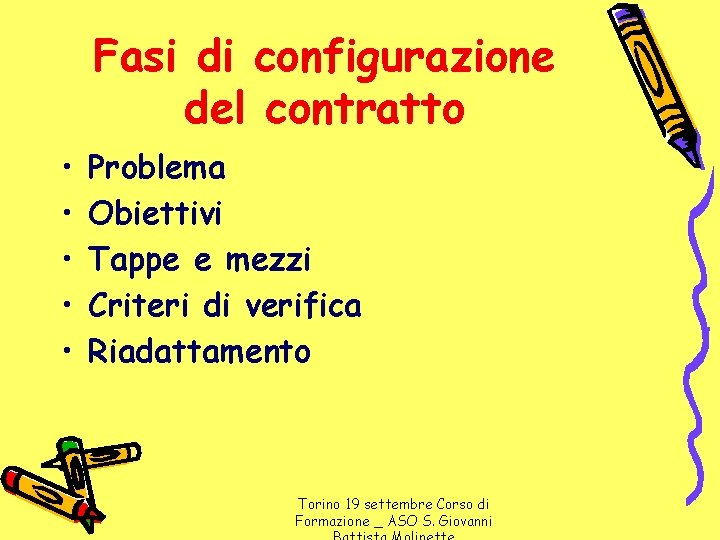 Fasi di configurazione del contratto • • • Problema Obiettivi Tappe e mezzi Criteri