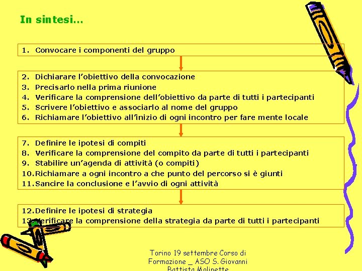 In sintesi… 1. Convocare i componenti del gruppo 2. 3. 4. 5. 6. Dichiarare