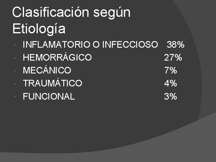 Clasificación según Etiología INFLAMATORIO O INFECCIOSO HEMORRÁGICO MECÁNICO TRAUMÁTICO FUNCIONAL 38% 27% 7% 4%