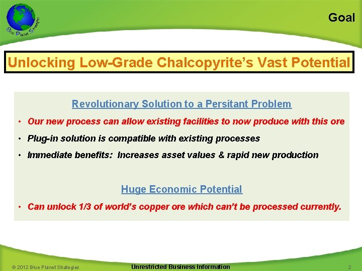 Goal Unlocking Low-Grade Chalcopyrite’s Vast Potential Revolutionary Solution to a Persitant Problem • Our