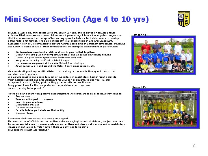 Mini Soccer Section (Age 4 to 10 yrs) Younger players play mini soccer up