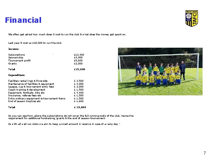 Financial We often get asked how much does it cost to run the club