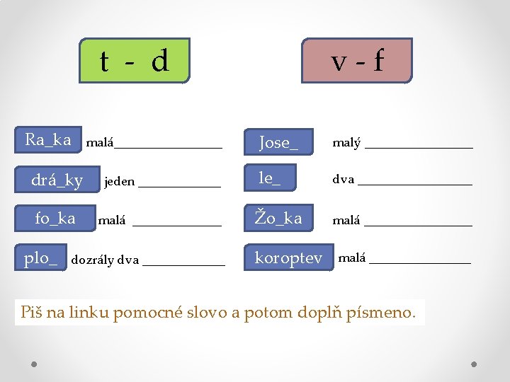 t - d Ra_ka malá_________ drá_ky jeden _______ fo_ka malá _______ plo_ dozrály dva