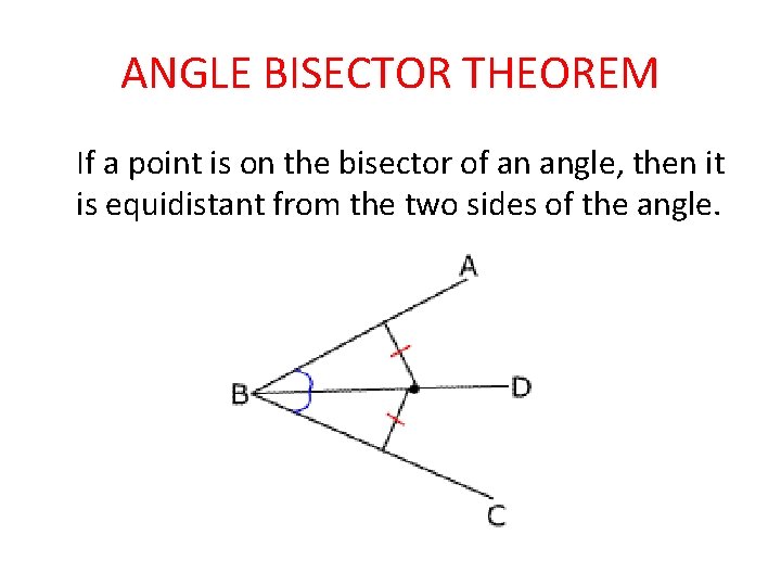 ANGLE BISECTOR THEOREM If a point is on the bisector of an angle, then