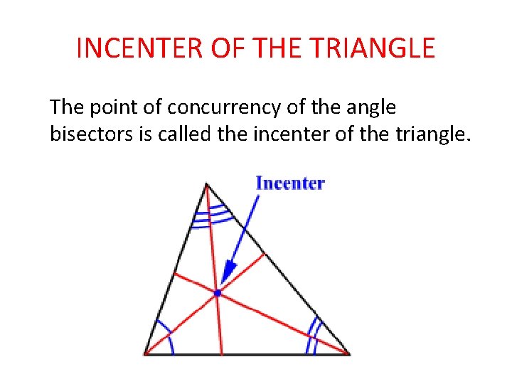 INCENTER OF THE TRIANGLE The point of concurrency of the angle bisectors is called