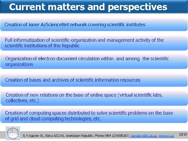 Current matters and perspectives 9, F. Agayev St. , Baku-AZ 1141, Azerbaijan Republic, Phone: