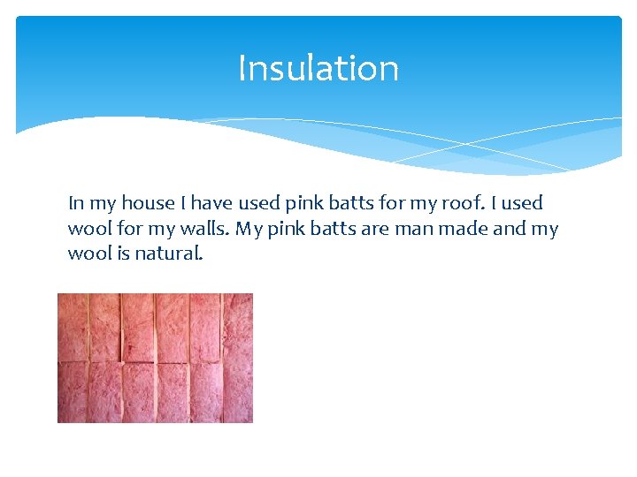 Insulation In my house I have used pink batts for my roof. I used