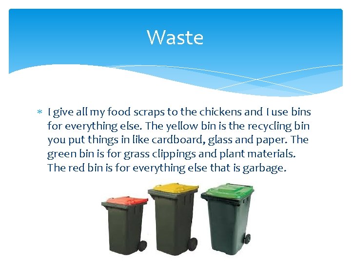 Waste I give all my food scraps to the chickens and I use bins