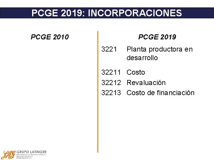 PCGE 2019: INCORPORACIONES PCGE 2010 PCGE 2019 3221 Planta productora en desarrollo 32211 Costo