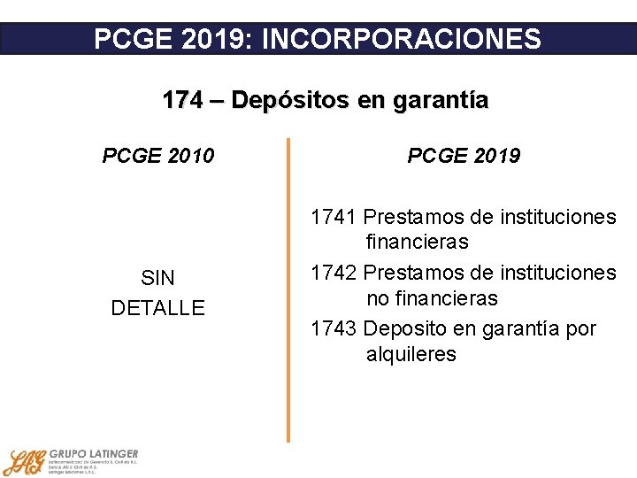 PCGE 2019: INCORPORACIONES 174 – Depósitos en garantía PCGE 2010 PCGE 2019 SIN DETALLE