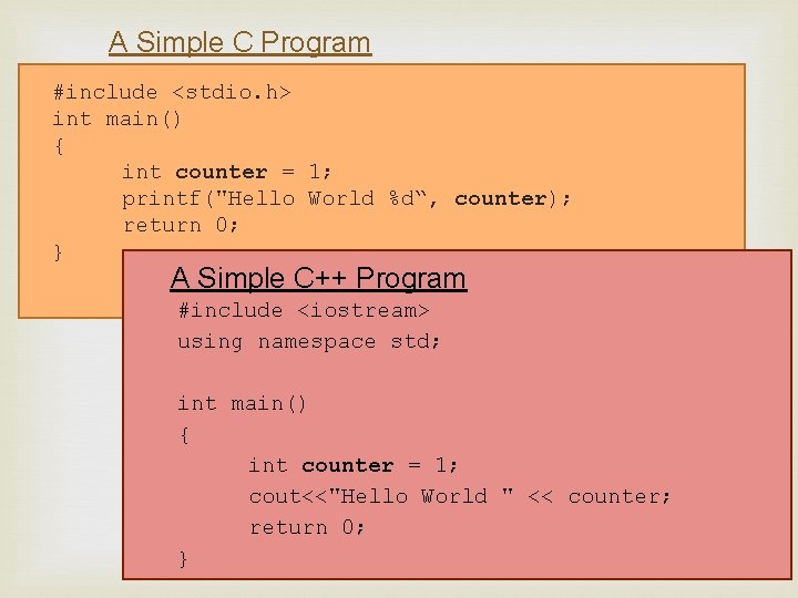 A Simple C Program #include <stdio. h> int main() { int counter = 1; A Simple C Program #include <stdio. h> int main() { int counter = 1;