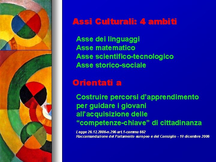 Assi Culturali: 4 ambiti Asse dei linguaggi Asse matematico Asse scientifico-tecnologico Asse storico-sociale Orientati