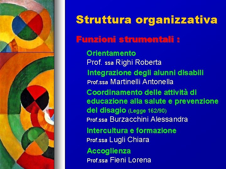 Struttura organizzativa Funzioni strumentali : Orientamento Prof. ssa Righi Roberta Integrazione degli alunni disabili