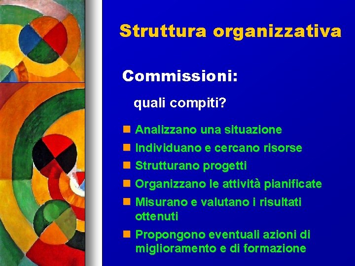 Struttura organizzativa Commissioni: quali compiti? Analizzano una situazione Individuano e cercano risorse Strutturano progetti