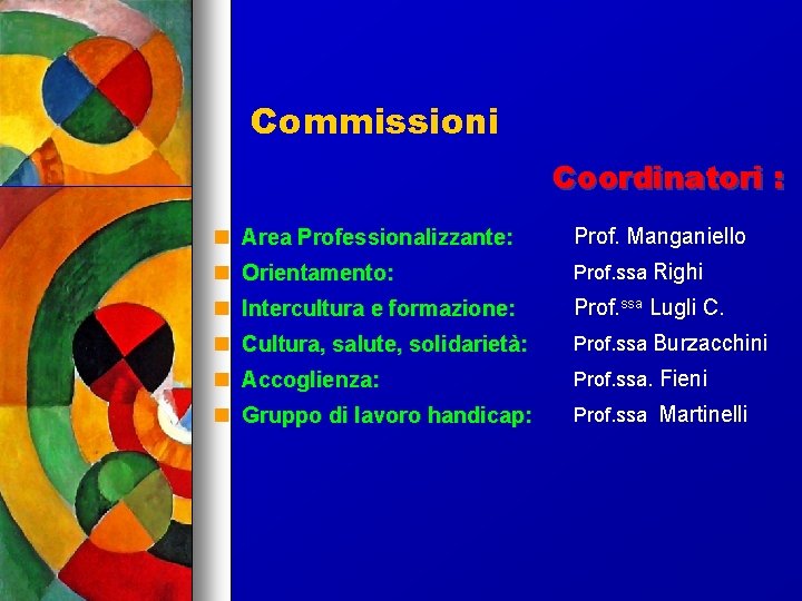 Commissioni Coordinatori : Area Professionalizzante: Prof. Manganiello Orientamento: Prof. ssa Righi Intercultura e formazione: