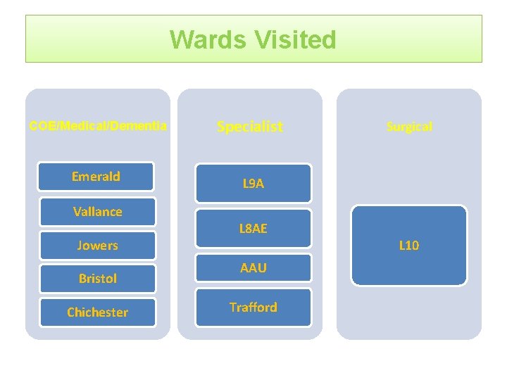Wards Visited COE/Medical/Dementia Emerald Vallance Jowers Bristol Chichester Specialist Surgical L 9 A L