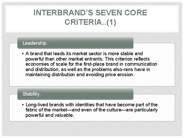 INTERBRAND’S SEVEN CORE CRITERIA. . (1) Leadership. • A brand that leads its market