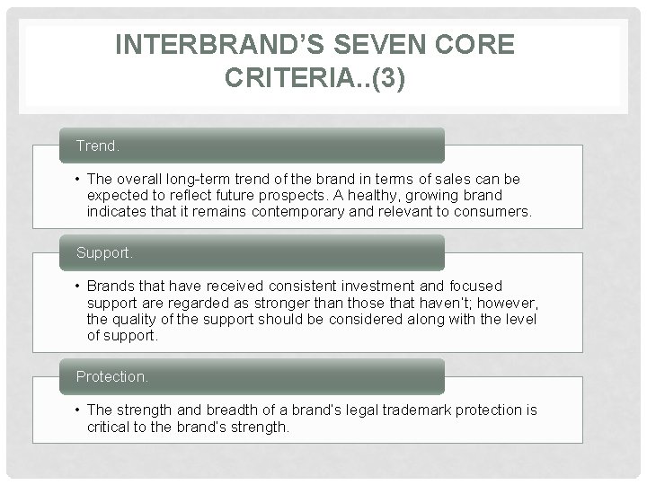 INTERBRAND’S SEVEN CORE CRITERIA. . (3) Trend. • The overall long-term trend of the