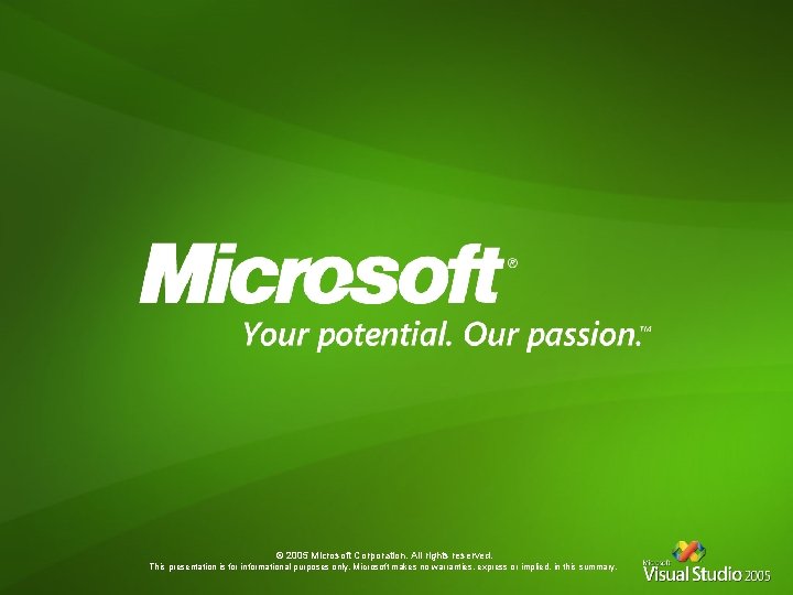 © 2005 Microsoft Corporation. All rights reserved. This presentation is for informational purposes only. © 2005 Microsoft Corporation. All rights reserved. This presentation is for informational purposes only.