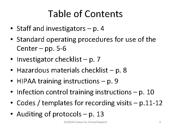 Table of Contents • Staff and investigators – p. 4 • Standard operating procedures