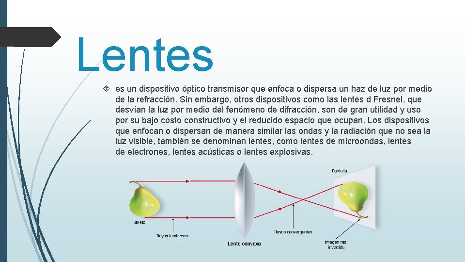 Lentes es un dispositivo óptico transmisor que enfoca o dispersa un haz de luz