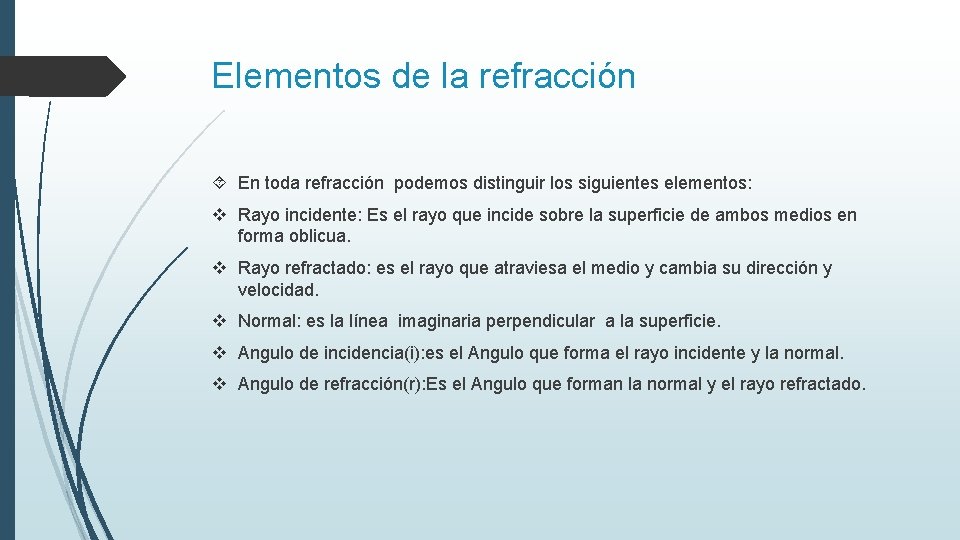 Elementos de la refracción En toda refracción podemos distinguir los siguientes elementos: v Rayo