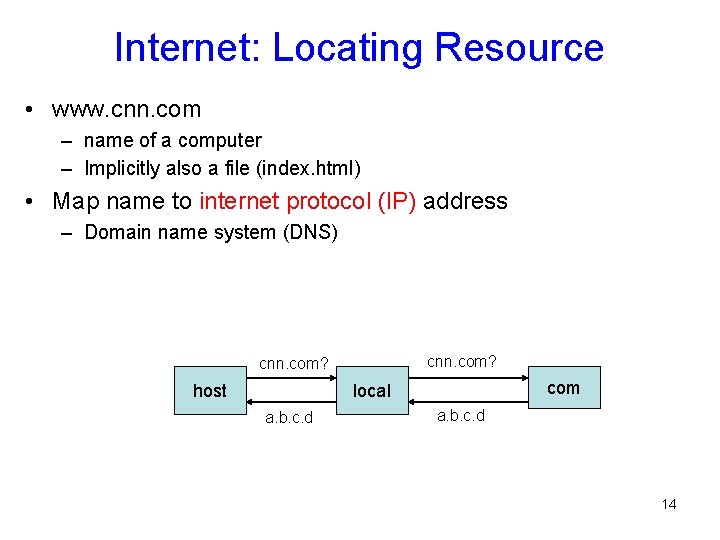 Internet: Locating Resource • www. cnn. com – name of a computer – Implicitly