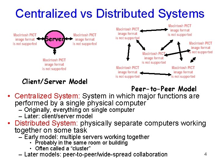 Centralized vs Distributed Systems Server Client/Server Model Peer-to-Peer Model • Centralized System: System in