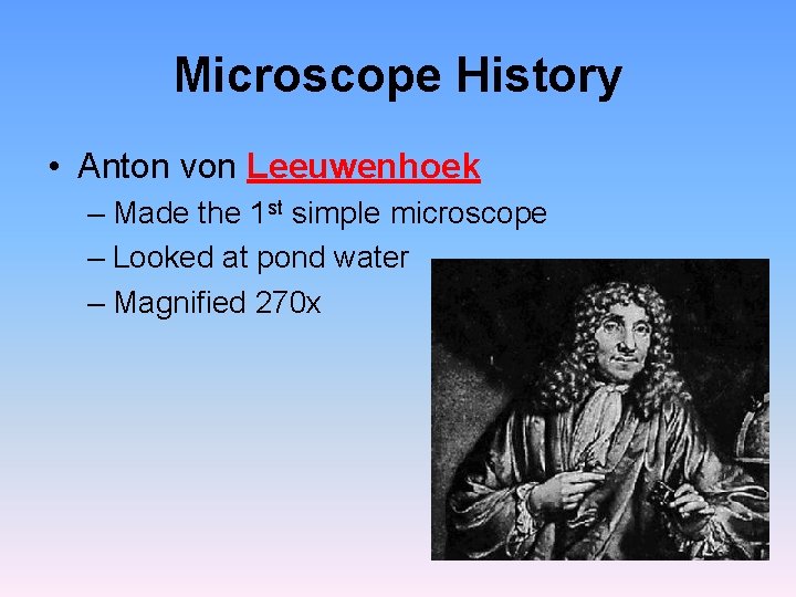 Microscope History • Anton von Leeuwenhoek – Made the 1 st simple microscope – Microscope History • Anton von Leeuwenhoek – Made the 1 st simple microscope –