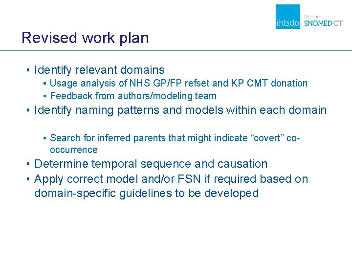 Revised work plan ▪ Identify relevant domains ▪ Usage analysis of NHS GP/FP refset