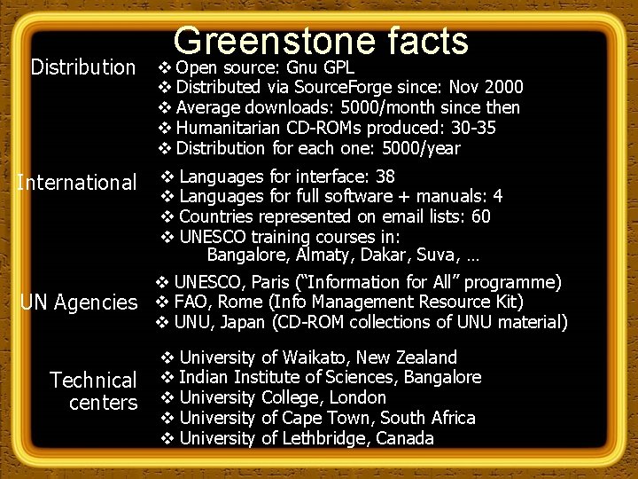 Distribution Greenstone facts v Open source: Gnu GPL v Distributed via Source. Forge since: