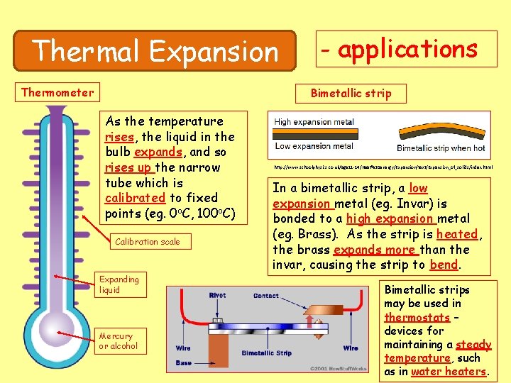 Thermal Expansion Thermometer - applications Bimetallic strip As the temperature rises, the liquid in