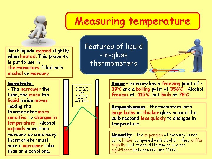 Measuring temperature Most liquids expand slightly when heated. This property is put to use