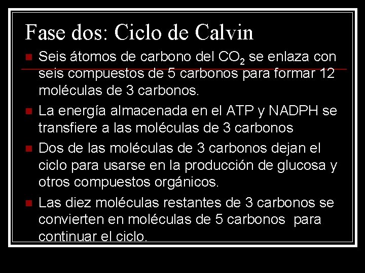 Fase dos: Ciclo de Calvin n n Seis átomos de carbono del CO 2