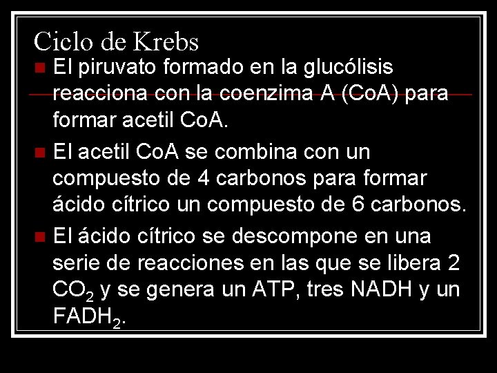 Ciclo de Krebs El piruvato formado en la glucólisis reacciona con la coenzima A