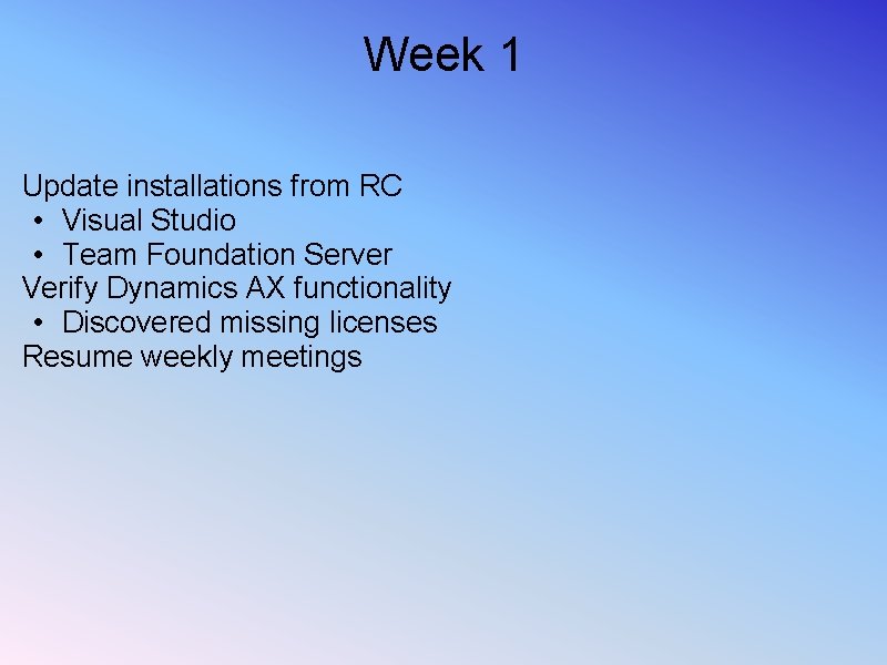 Week 1 Update installations from RC • Visual Studio • Team Foundation Server Verify Week 1 Update installations from RC • Visual Studio • Team Foundation Server Verify