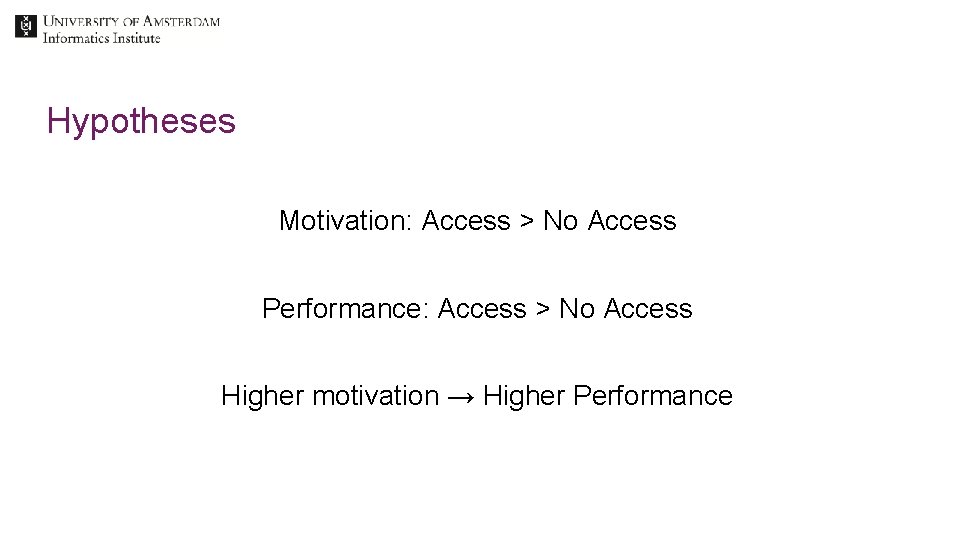 Hypotheses Motivation: Access > No Access Performance: Access > No Access Higher motivation →