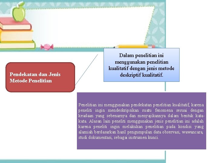 Pendekatan dan Jenis Metode Penelitian Dalam penelitian ini menggunakan penelitian kualitatif dengan jenis metode