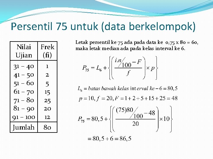 Persentil 75 untuk (data berkelompok) Nilai Ujian Frek (fi) 31 – 40 41 –