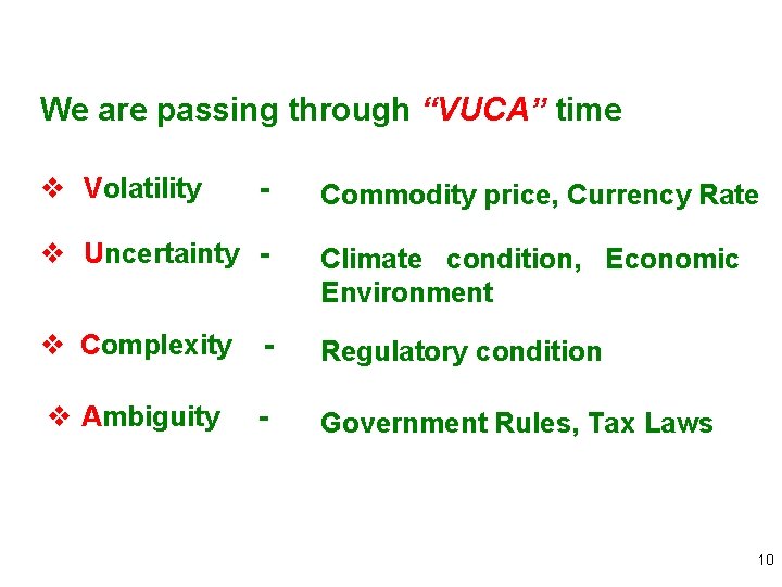 We are passing through “VUCA” time v Volatility - Commodity price, Currency Rate v