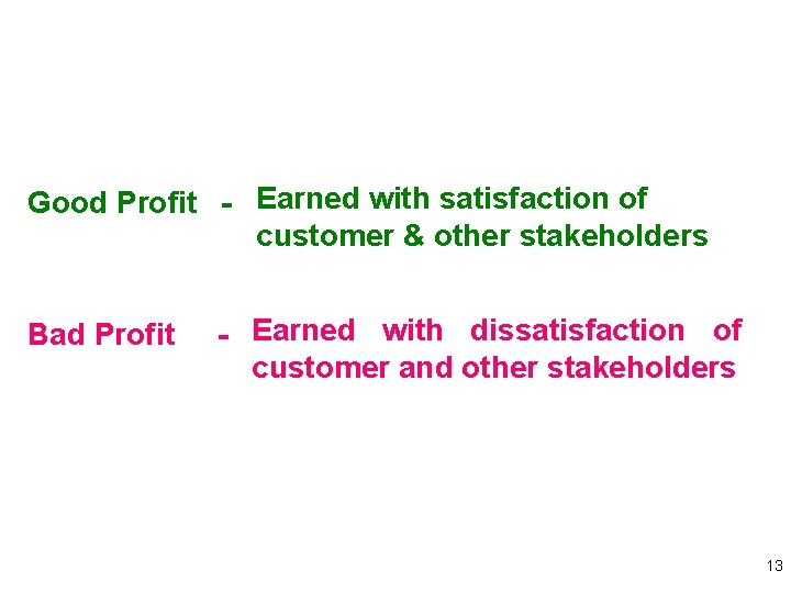 Good Profit - Earned with satisfaction of customer & other stakeholders Bad Profit -