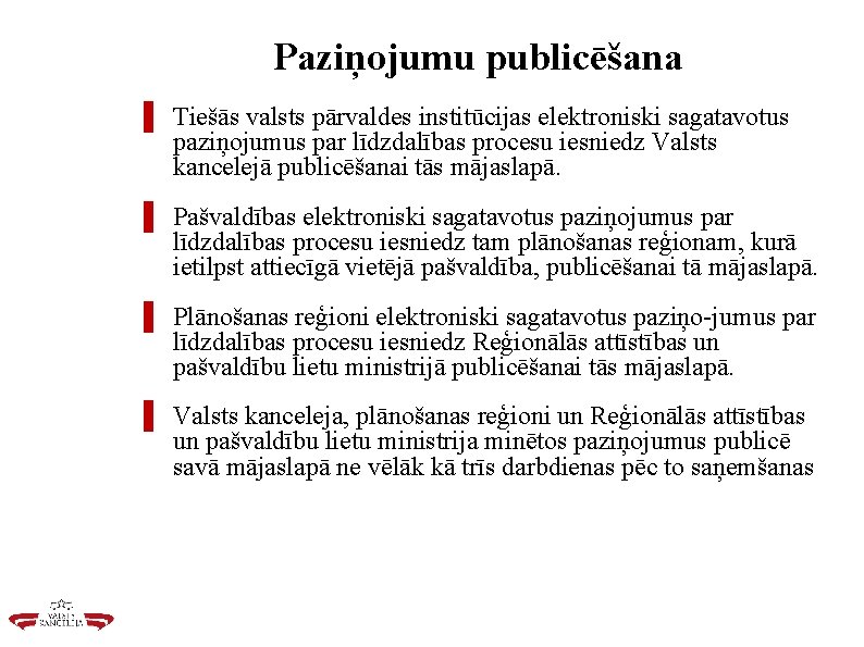 Paziņojumu publicēšana ▌ Tiešās valsts pārvaldes institūcijas elektroniski sagatavotus paziņojumus par līdzdalības procesu iesniedz