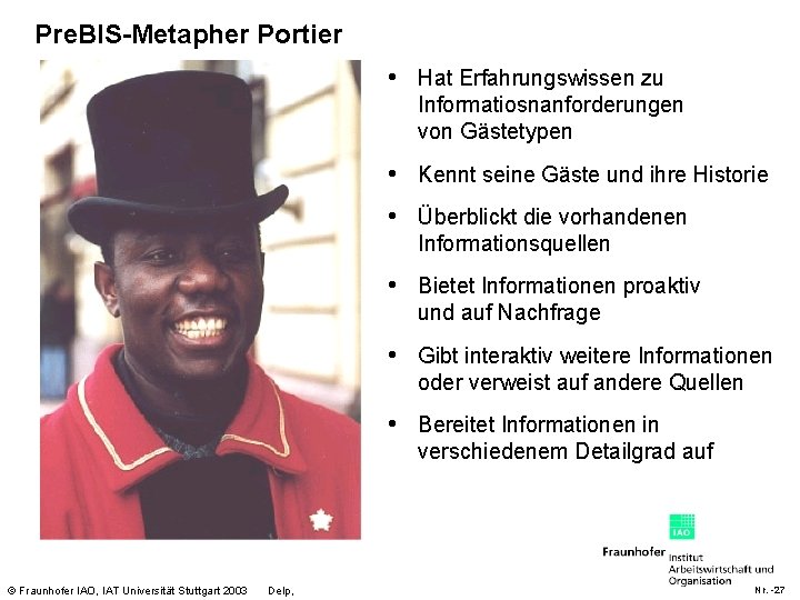 Pre. BIS-Metapher Portier • Hat Erfahrungswissen zu Informatiosnanforderungen von Gästetypen • Kennt seine Gäste