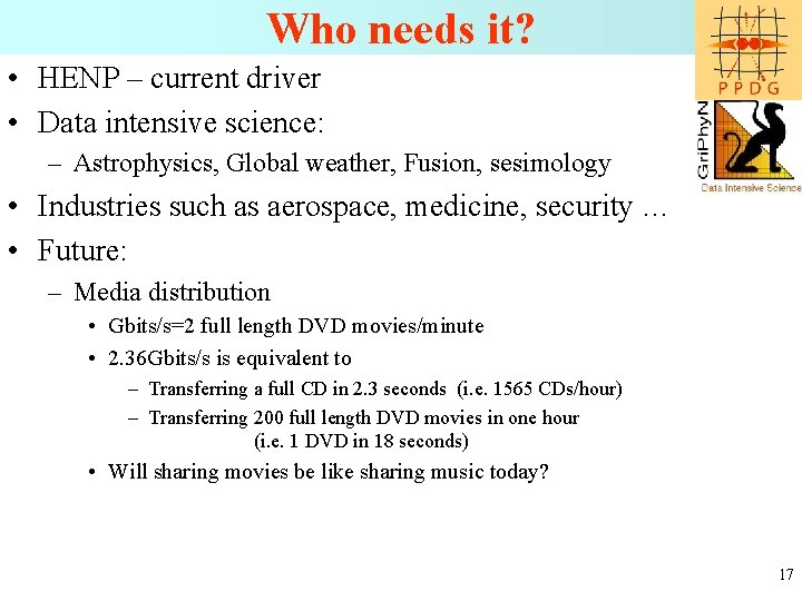 Who needs it? • HENP – current driver • Data intensive science: – Astrophysics,