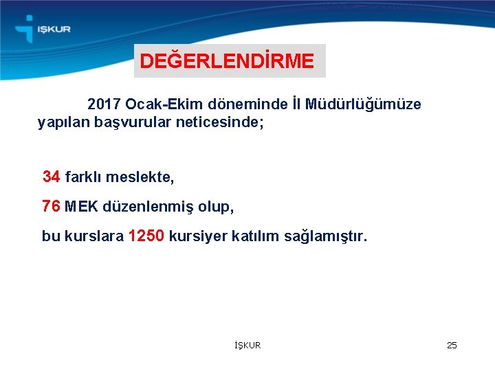 DEĞERLENDİRME 2017 Ocak-Ekim döneminde İl Müdürlüğümüze yapılan başvurular neticesinde; 34 farklı meslekte, 76 MEK